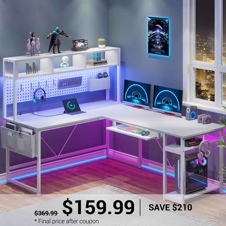 SEDETA® 67 Inch LED Gaming Desk Reversible L Shaped Computer Desk with Power Outlet Pegboard Storage Bag for Home Office