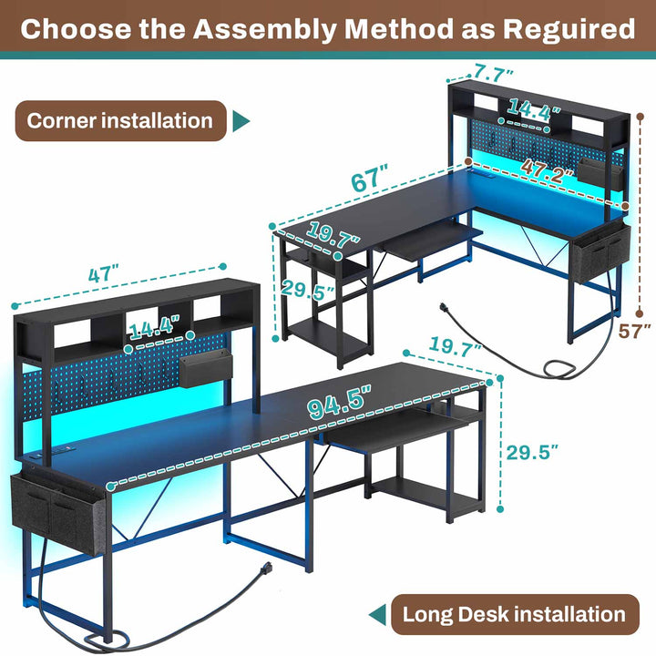 SEDETA - 67 Inch L Shaped Gaming Desk Reversible Computer Desk with Led Lights Power Outlet Pegboard Keyboard Tray and Storage Bag for Home Office