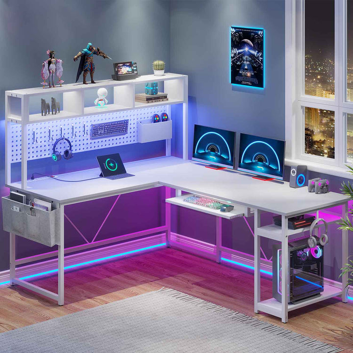 SEDETA - 67 Inch L Shaped Gaming Desk Reversible Computer Desk with Led Lights Power Outlet Pegboard Keyboard Tray and Storage Bag for Home Office