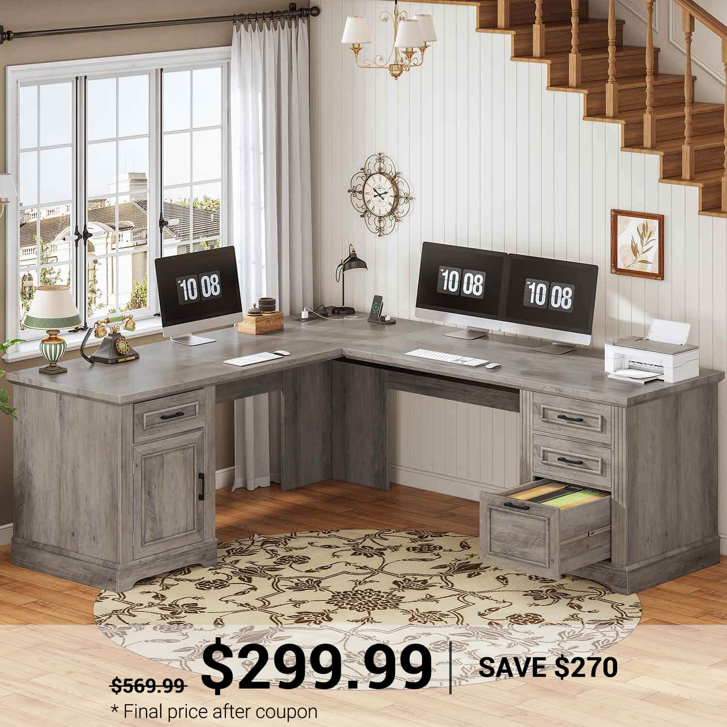 SEDETA | 69 Inch Executive Desk Farmhouse L Shaped Computer Desk with