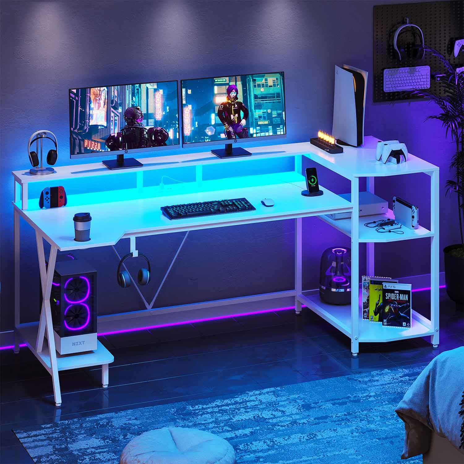 SEDETA® 70.8 Inch Large PC Gamer Desk LED Gaming Table with Storage Sh