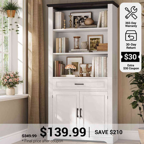 SEDETA® 70 Inch Tall Farmhouse Bookcase with Adjustable Cabinet Shelves and a Drawer 6 Shelf Display Storage for Home Office
