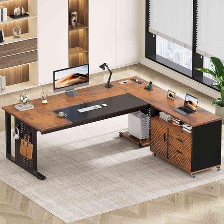 SEDETA 71 Inch Executive Desk with Rolling File Cabinet Office Computer Desk with Drawers Shelves Power Outlets CPU Stand Pegboard