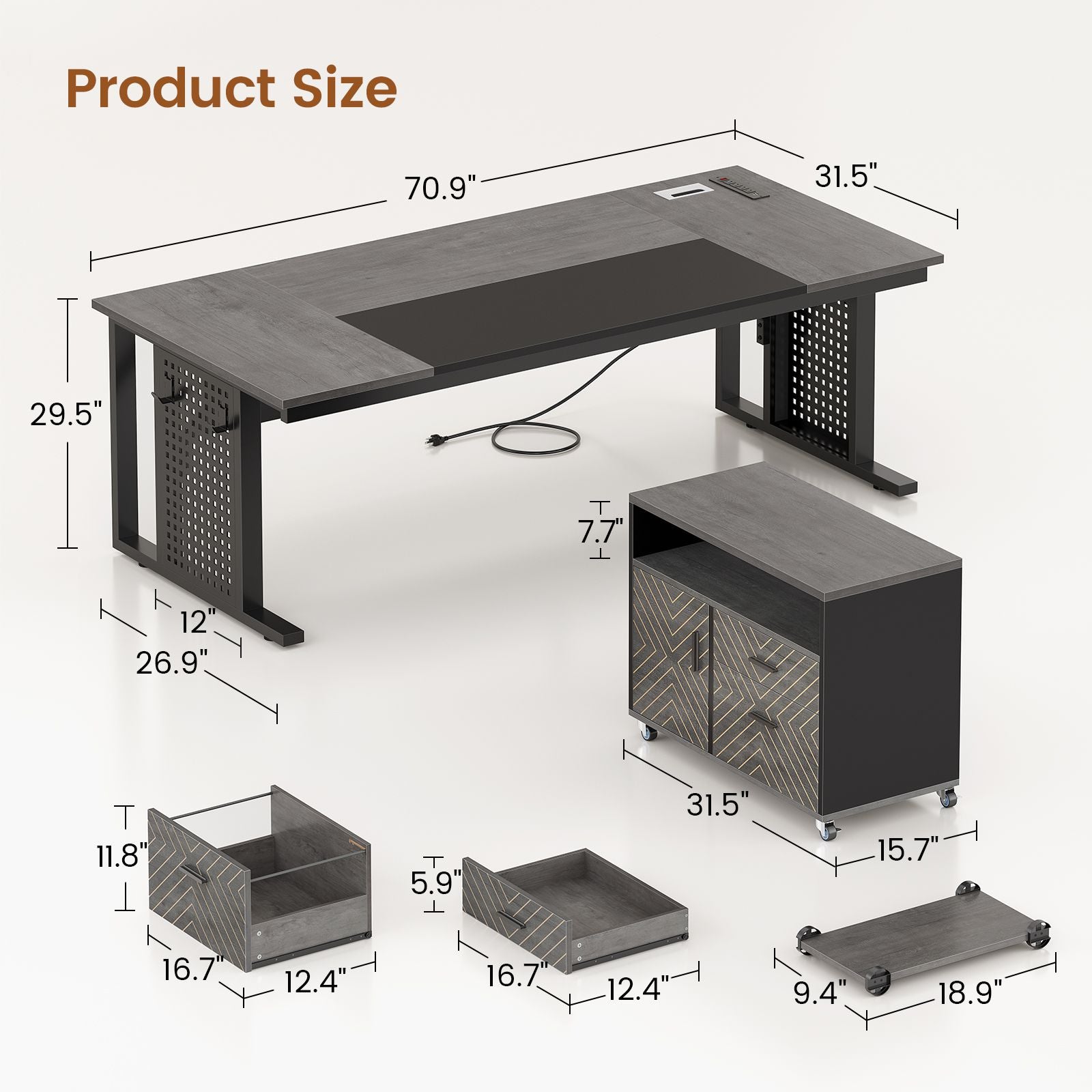 SEDETA 71 Inch Executive Desk with Rolling File Cabinet Office Compute