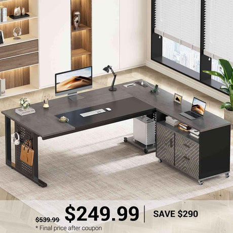 SEDETA | 71 Inch Computer Desk with Rolling File Cabinet Executive Desk with Power Outlets CPU Stand Pegboard and Storage Shelves