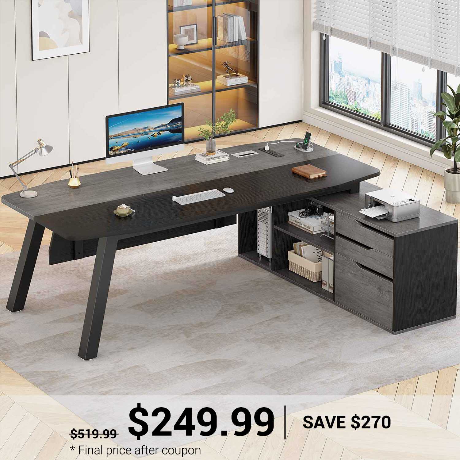 Mayitaです。デスク SEDETA 71 Inch Executive Desk with File Cabinet Office Desk with Drawe