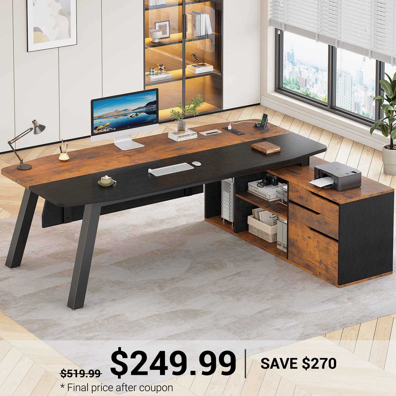 SEDETA 71 Inch Executive Desk with File Cabinet Office Desk with Drawe