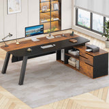SEDETA - 71 Inch Office Executive Desk L Shaped Computer Desk with Power Outlets Drawers and Shelves