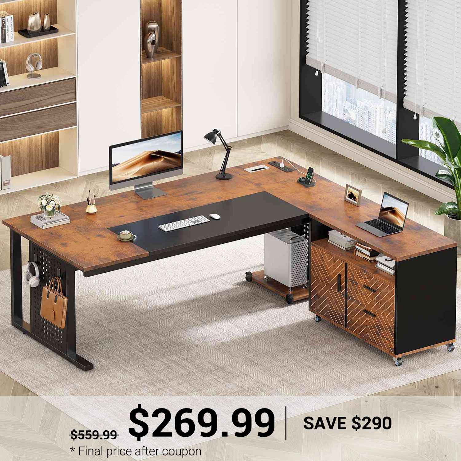 SEDETA 71 Inch Executive Desk with Rolling File Cabinet Office Compute