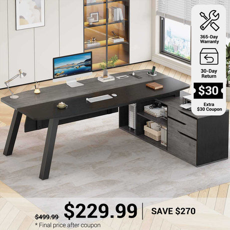 SEDETA® 71 Inch Office Executive Desk L Shaped Computer Desk with Power Outlets Drawers and Shelves