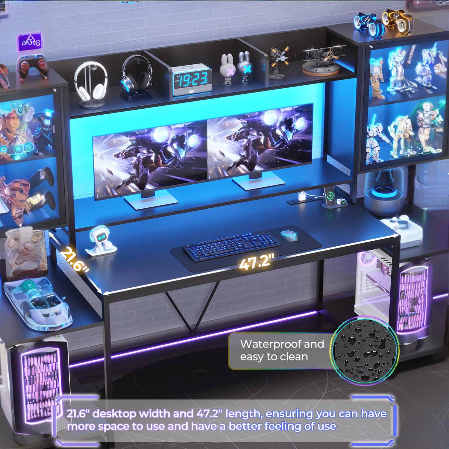 SEDETA 74.8 Inch Gaming Desk with LED Lights Hutch and Storage Shelves