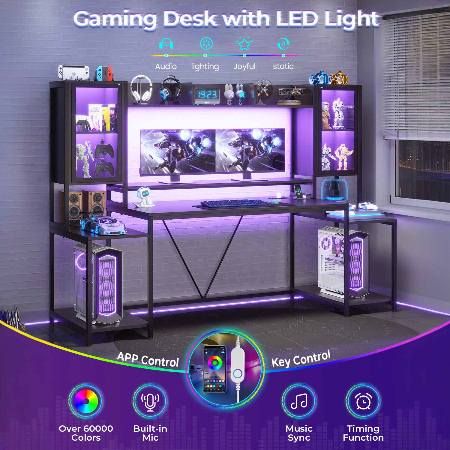SEDETA 74.8 Inch Gaming Desk with LED Lights Hutch and Storage Shelves