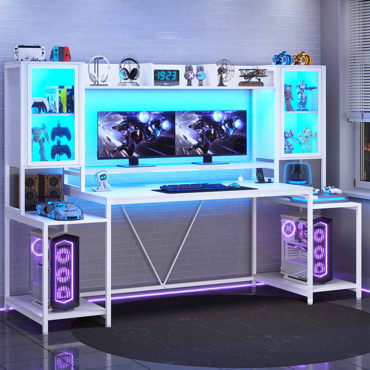 SEDETA | 74.8 Inch LED Ergonomic Gaming Table Computer Desk with Hutch and Storage Shelves