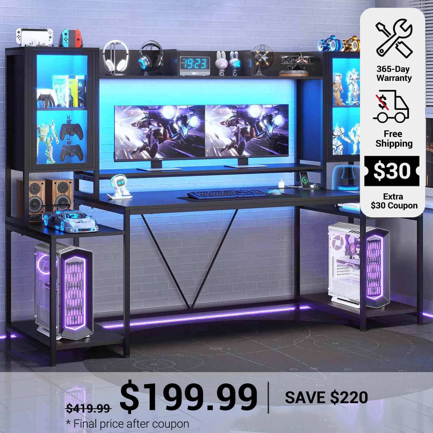 SEDETA 74.8 Inch Gaming Desk with LED Lights Hutch and Storage Shelves