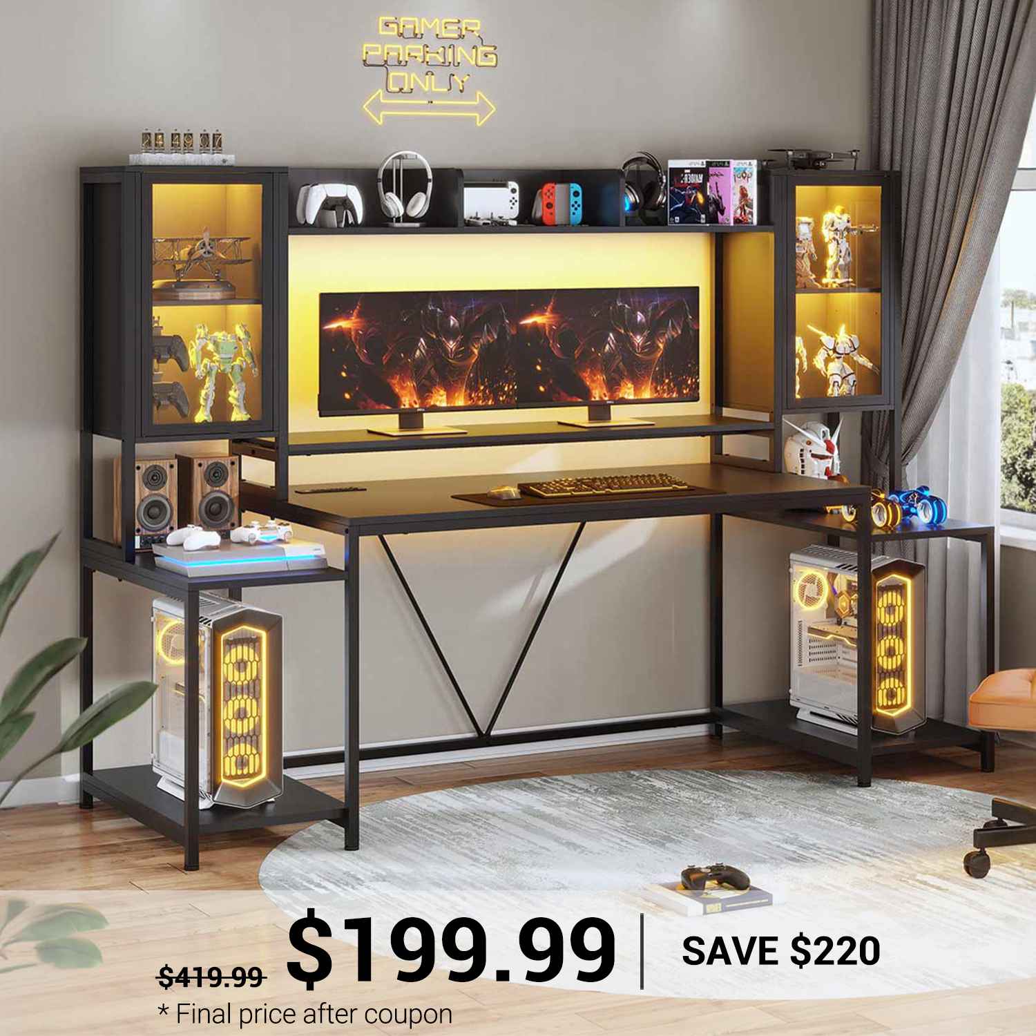 SEDETA 74.8 Inch Gaming Desk with LED Lights Hutch and Storage Shelves