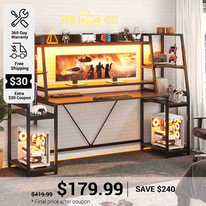 SEDETA 78.8 Inch Gaming Desk  with LED Lights Hutch Storage Shelves