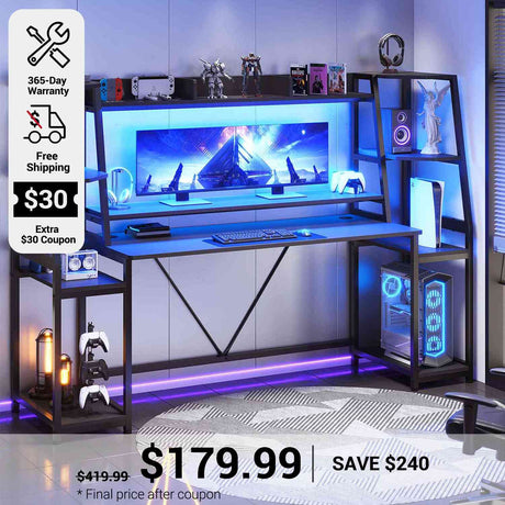 SEDETA 78.8 Inch Gaming Desk  with LED Lights Hutch Storage Shelves