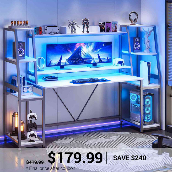 SEDETA 78.8 Inch Gaming Desk  with LED Lights Hutch Storage Shelves