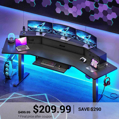 SEDETA | 78 Inch Electric Stand up Gaming Table Height Adjustable Computer Desk with Led Lights Power Outlet Drawers Keyboard Tray