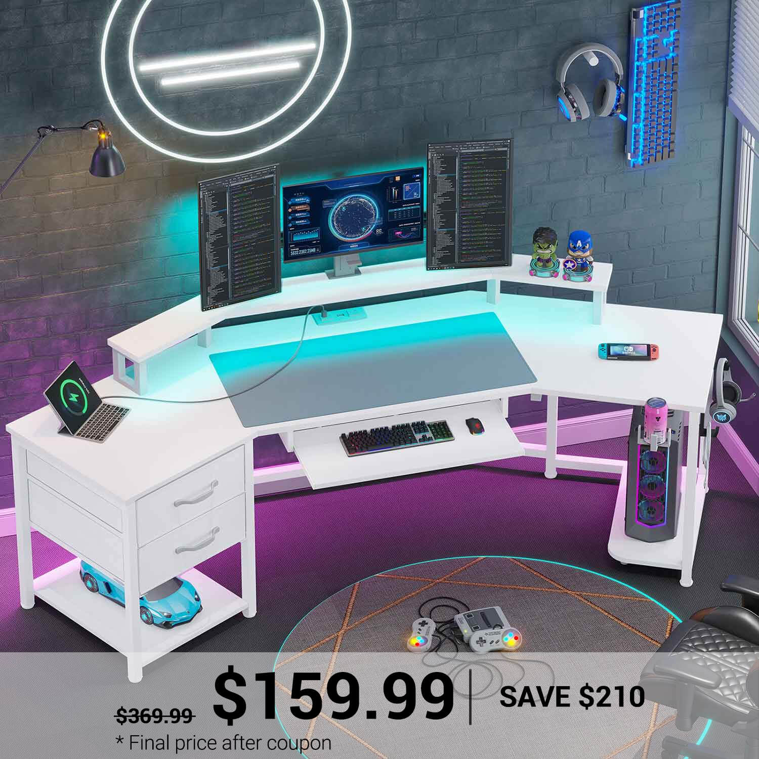 家具 Desk SEDETA 79 Inch LED Wraparound Shaped Gaming Desk with 2 Fabric Drawers