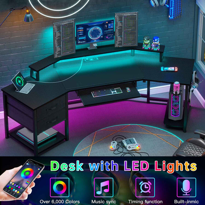 SEDETA® 79 Inch LED Wing Shaped Gaming Desk Computer Table with Storage for Home Office