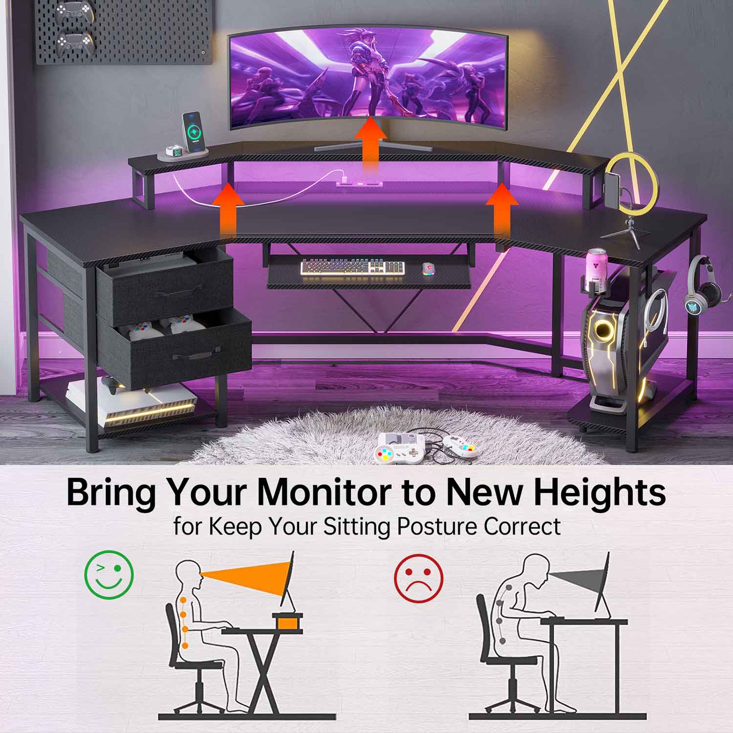 SEDETA 79 Inch LED Wraparound Shaped Gaming Desk with 2 Fabric Drawers