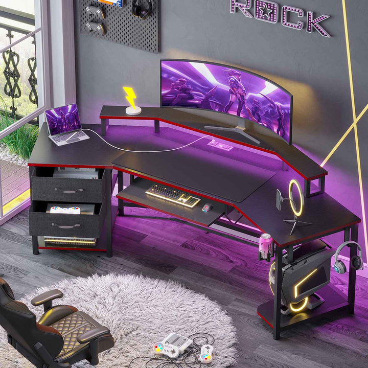 SEDETA® 79 Inch LED Wing Shaped Gaming Desk Computer Table with Storage for Home Office