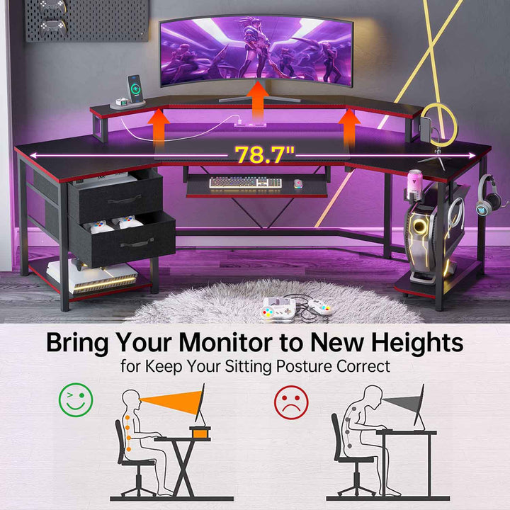 SEDETA® 79 Inch LED Wing Shaped Gaming Desk Computer Table with Storage for Home Office