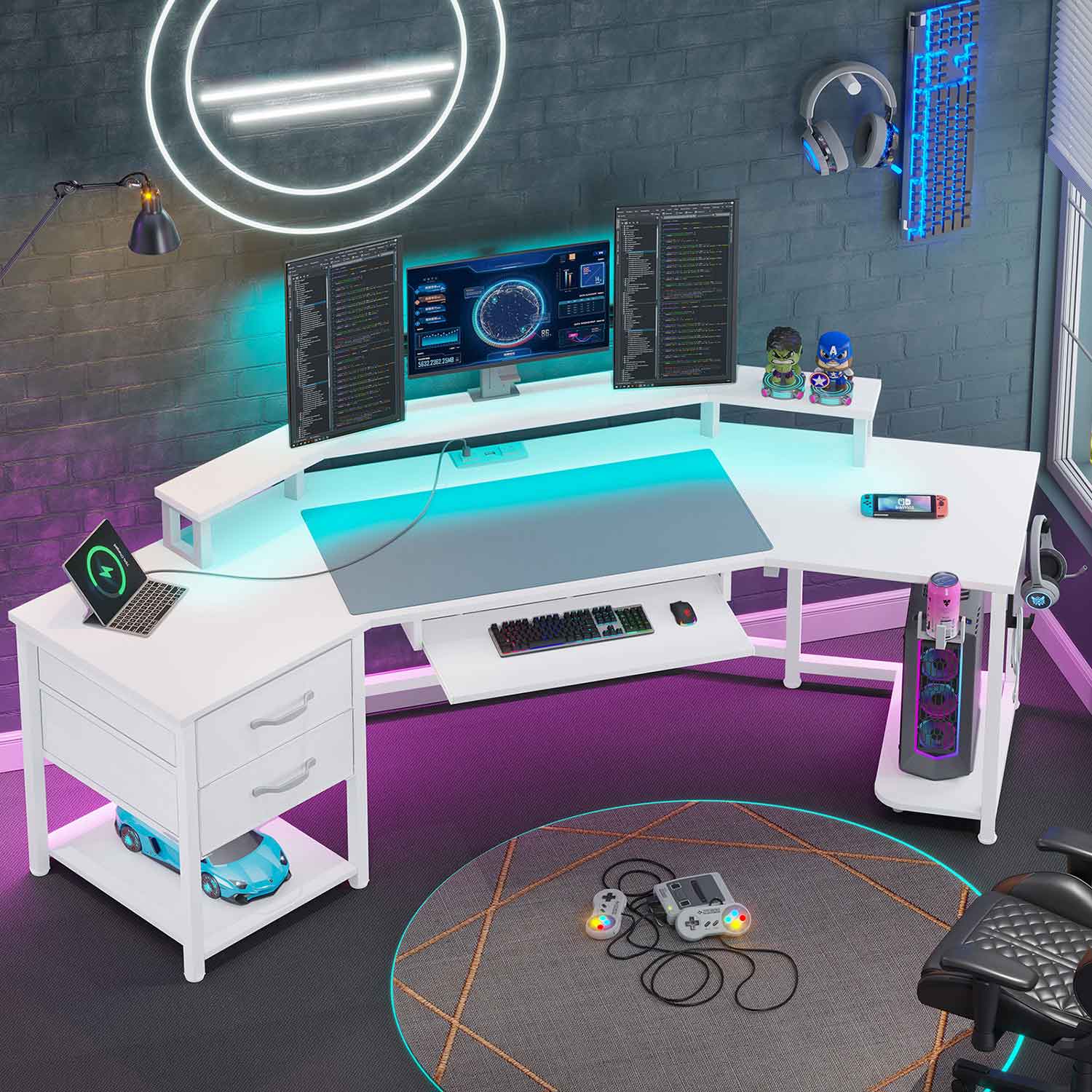 SEDETA 79 Inch LED Wraparound Shaped Gaming Desk with 2 Fabric Drawers