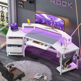 SEDETA - 79 Inch Gaming Desk Computer Desk with 2 Fabric Drawers & LED Light L Shaped Gaming Desk with Storage Shelf for Home Office