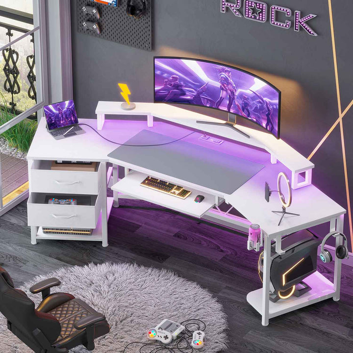 SEDETA® 79 Inch LED Wing Shaped Gaming Desk Computer Table with Storage for Home Office