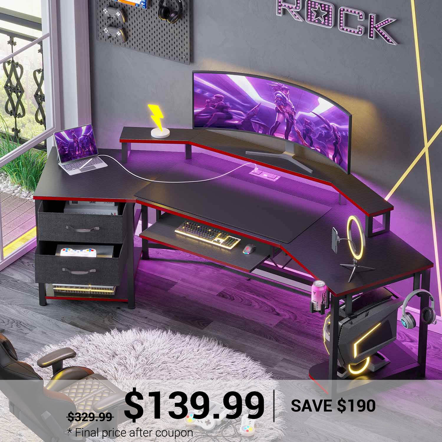 SEDETA® 79 Inch LED Wing Shaped Gaming Desk Computer Table with Storag