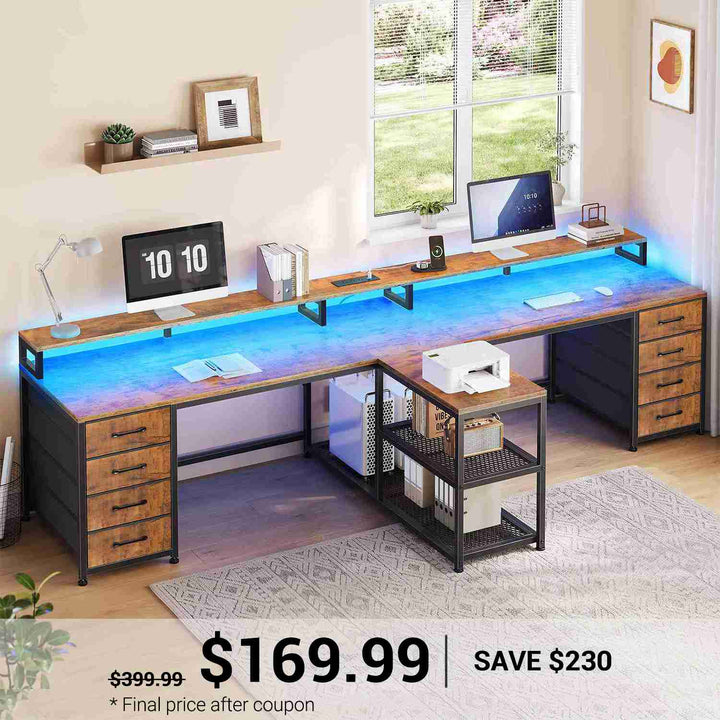 SEDETA | 94.5 Inch 2 Person Gaming Desk with Power Strip 8 Drawers Long Office Computer Desk LED Lights and Monitor Stand