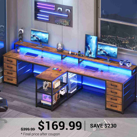 SEDETA | 94.5 Inch 2 Person Gaming Desk with Power Strip 8 Drawers Long Office Computer Desk LED Lights and Monitor Stand