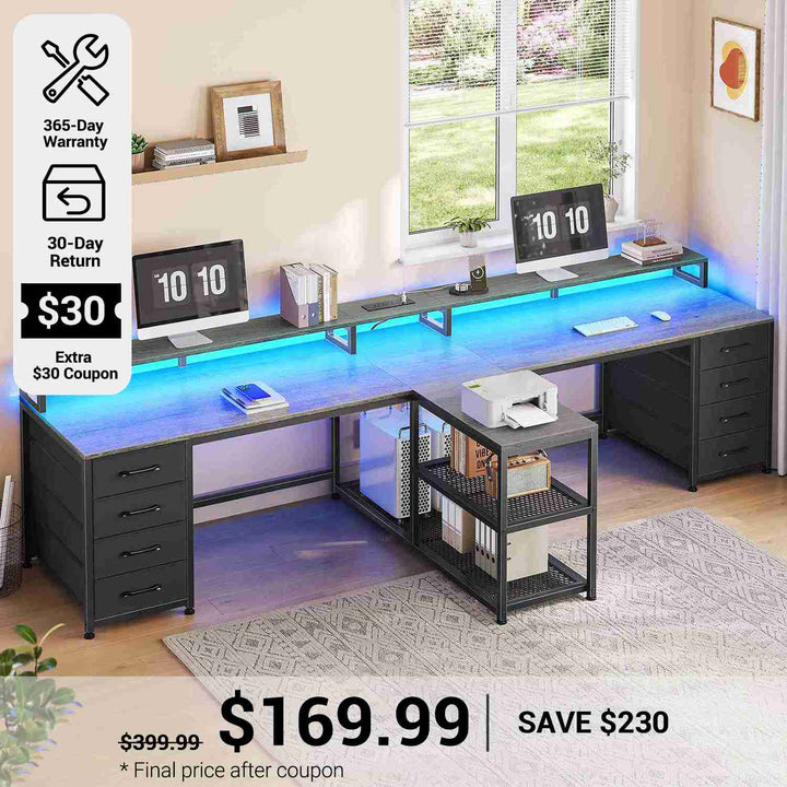 SEDETA® 94.5 Inch Long Office Computer Desk 2 Person Gaming Desk with Monitor Stand LED Lights 8 Drawers and Power Strip
