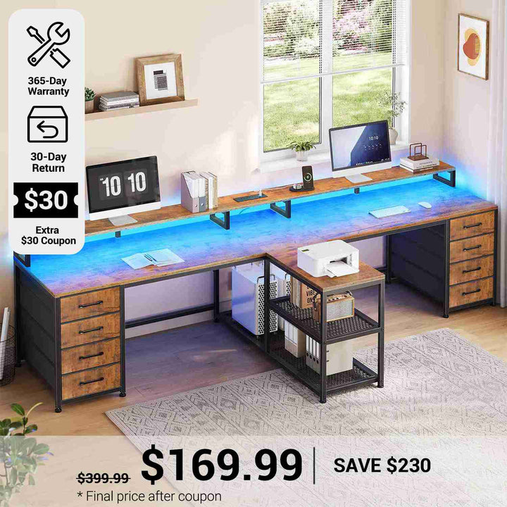 SEDETA® 94.5 Inch Long Office Computer Desk 2 Person Gaming Desk with Monitor Stand LED Lights 8 Drawers and Power Strip