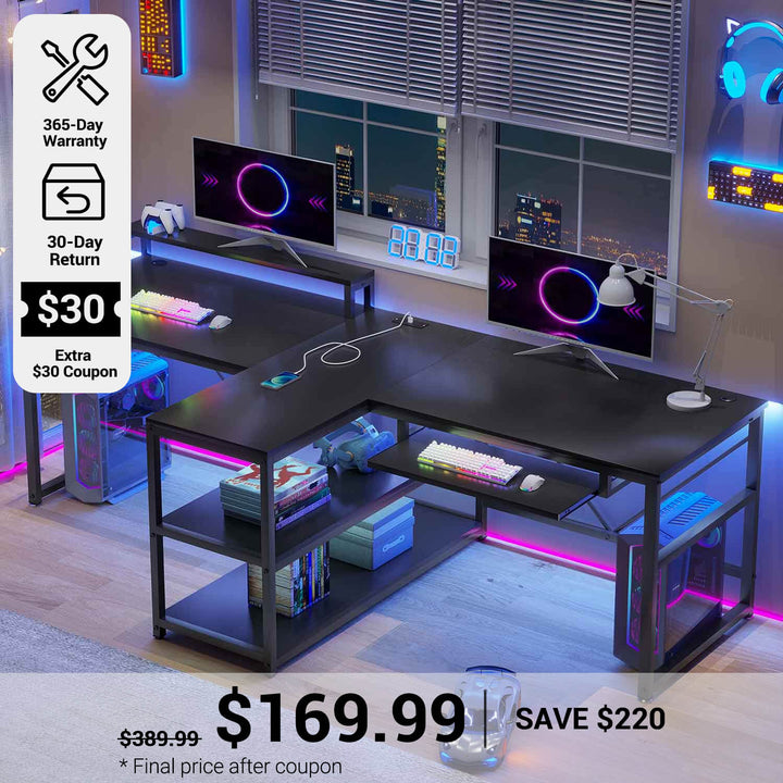 SEDETA® 94.5 Inch  Person LED Gaming Desk Home Office Computer Table with Storage