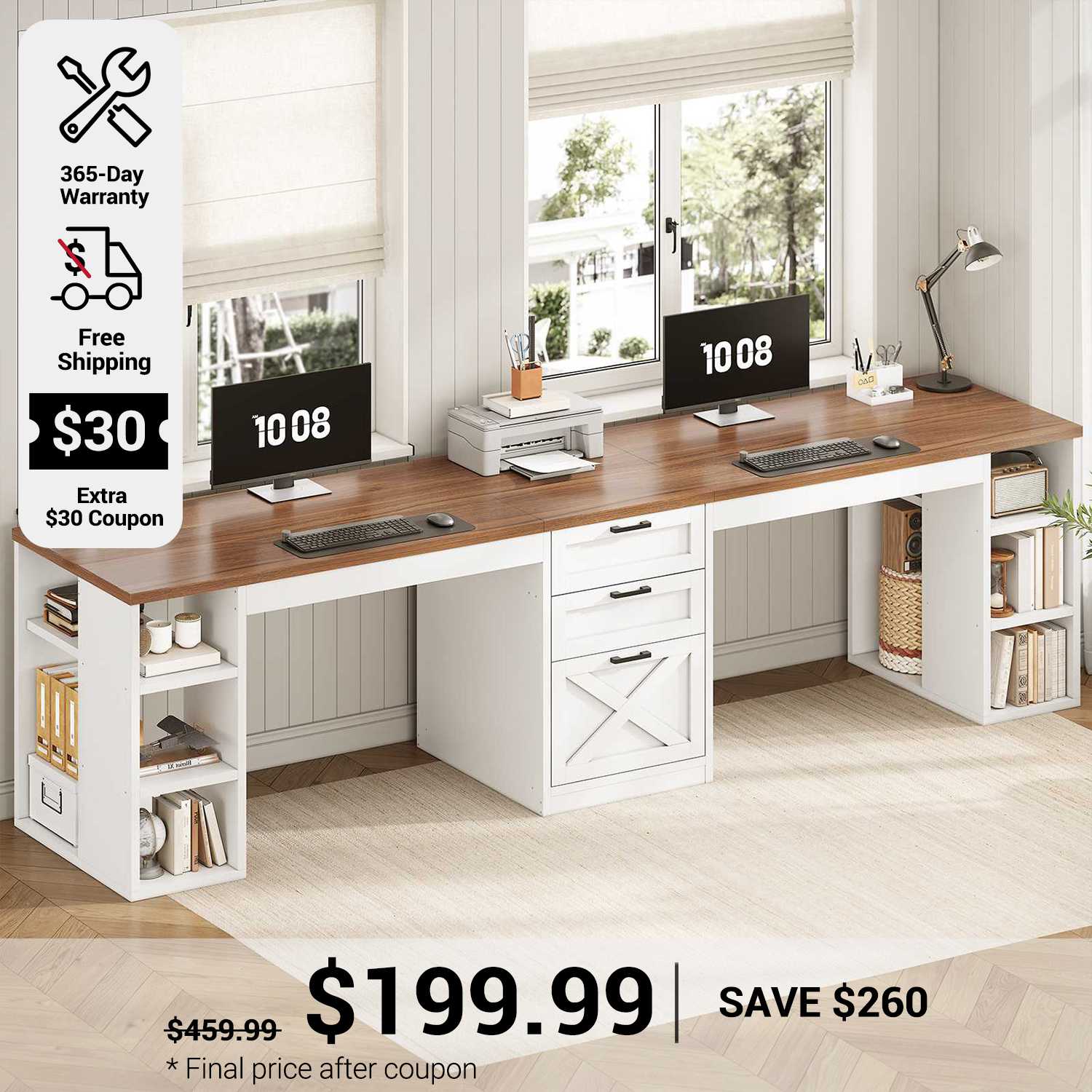 SEDETA 96.5 Inch Long Two Person Farmhouse Computer Desk Writing Desk