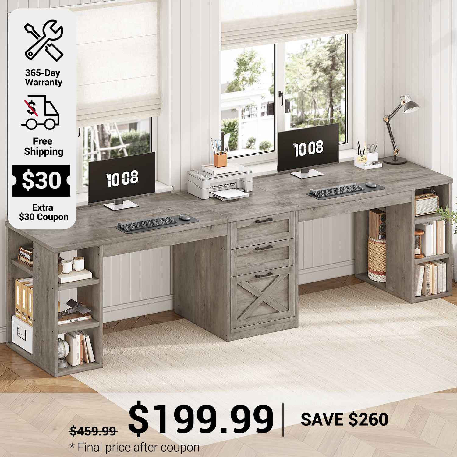 SEDETA 96.5 Inch Long Two Person Farmhouse Computer Desk Writing Desk