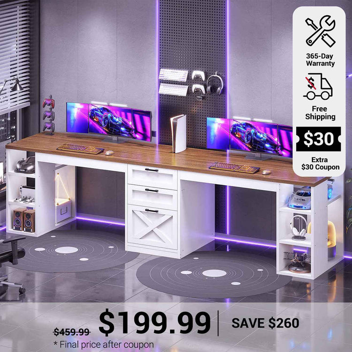 SEDETA 96.5 Inch Long Two Person Farmhouse Computer Desk Writing Desk with Drawers Storage Shelves