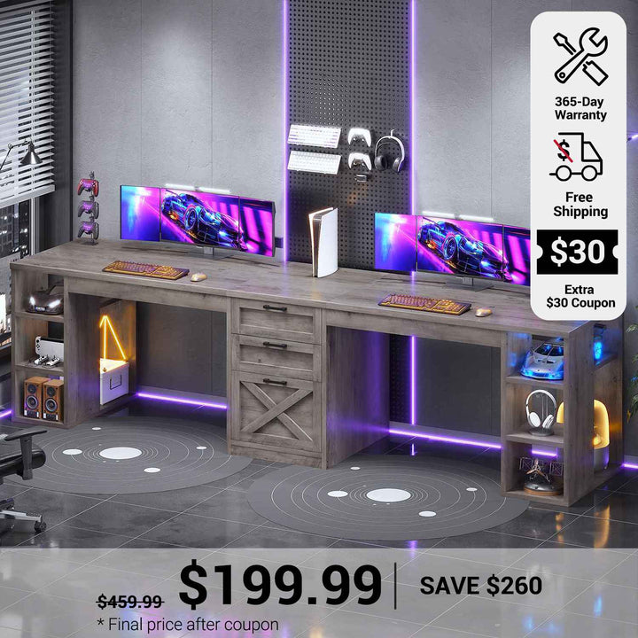 SEDETA 96.5 Inch Long Two Person Farmhouse Computer Desk Writing Desk with Drawers Storage Shelves