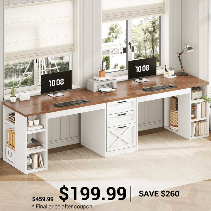 SEDETA 96.5 Inch Long Two Person Farmhouse Computer Desk Writing Desk with Drawers Storage Shelves