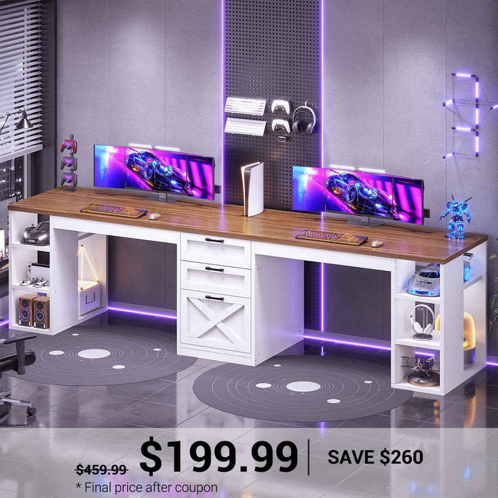 SEDETA 96.5 Inch Long Two Person Farmhouse Computer Desk Writing Desk with Drawers Storage Shelves