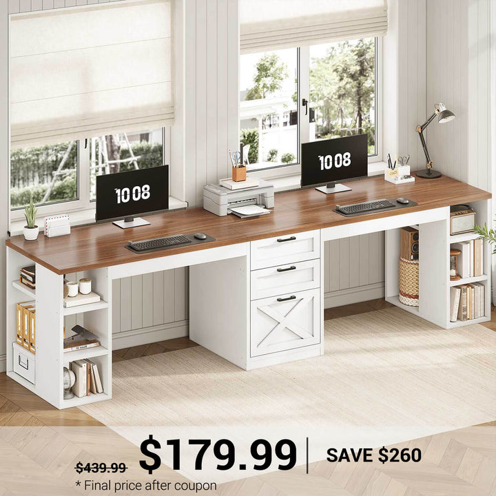 SEDETA® 96.5 Inch Two Person Farmhouse Computer Desk with Drawers and Storage Shelves for Home Office