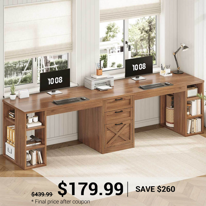 SEDETA® 96.5 Inch Two Person Farmhouse Computer Desk with Drawers and Storage Shelves for Home Office