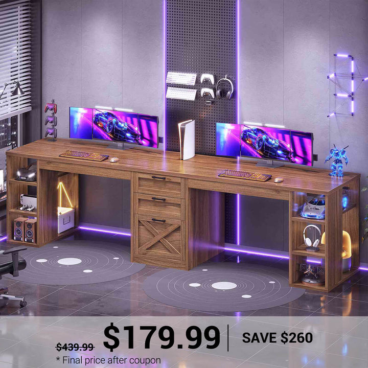 SEDETA® 96.5 Inch Two Person Farmhouse Computer Desk with Drawers and Storage Shelves for Home Office