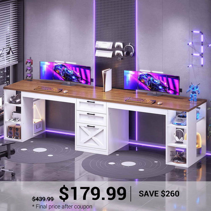 SEDETA® 96.5 Inch Two Person Farmhouse Computer Desk with Drawers and Storage Shelves for Home Office