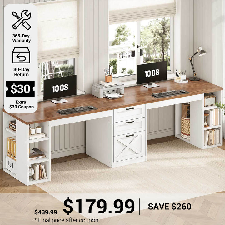 SEDETA® 96.5 Inch Two Person Farmhouse Computer Desk with Drawers and Storage Shelves for Home Office