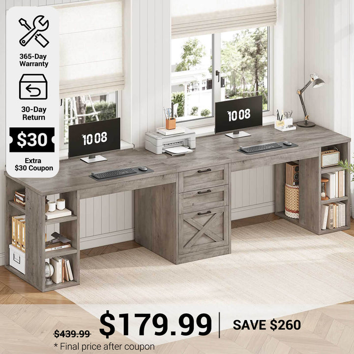 SEDETA® 96.5 Inch Two Person Farmhouse Computer Desk with Drawers and Storage Shelves for Home Office
