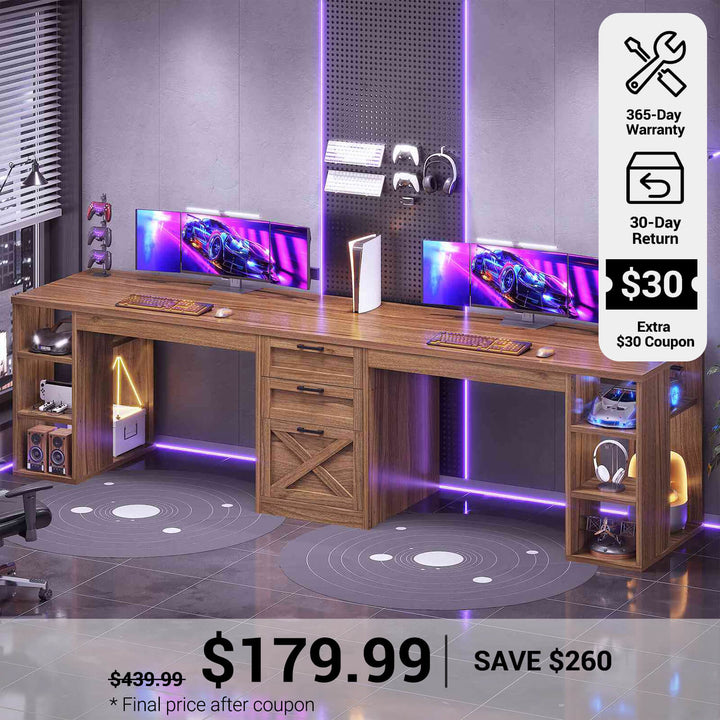SEDETA® 96.5 Inch Two Person Farmhouse Computer Desk with Drawers and Storage Shelves for Home Office